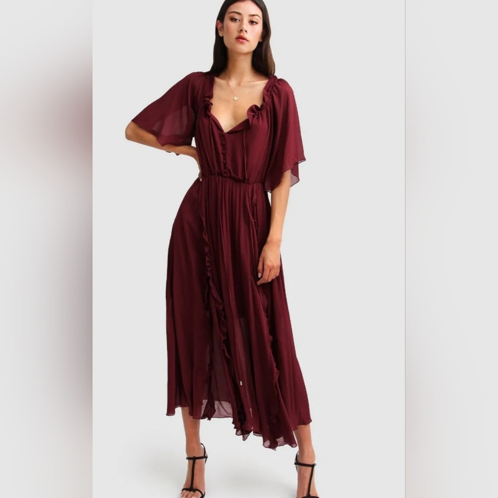 Belle & Bloom Amour Amour Ruffled Midi Dress - Burgundy